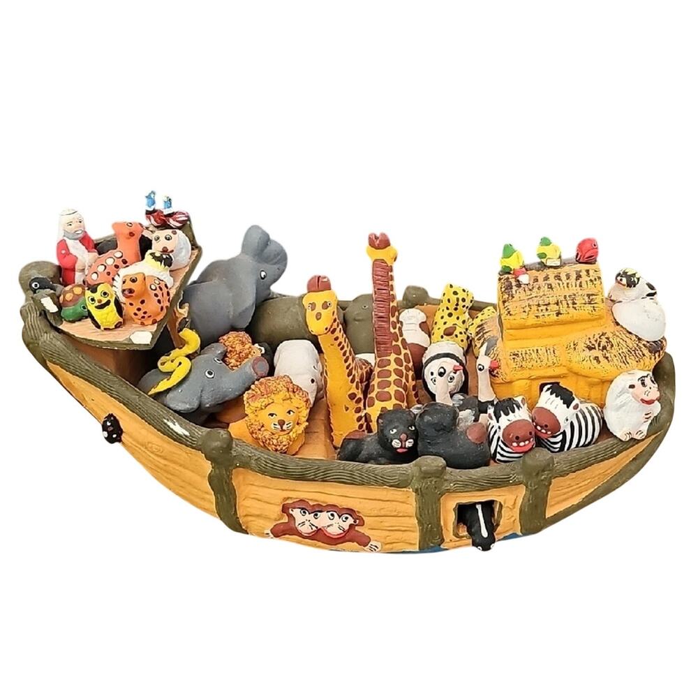 Signed Alvaro Castaneda Clay Hand Painted Ceramic Noah's Ark Figurine Animals